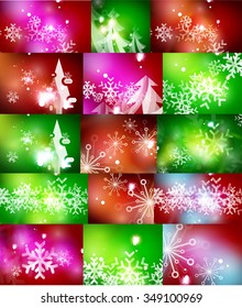 Set of shiny color Christmas backgrounds with white snowflakes and trees. Vector illustration