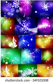 Set of shiny color Christmas backgrounds with white snowflakes and trees. Vector illustration
