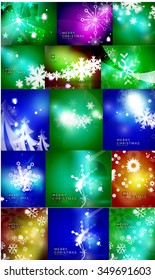 Set of shiny color Christmas backgrounds with white snowflakes and trees. Vector illustration