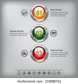 Set of shiny colored buttons with metallic elements on a metal textured  background for business, infographics, step presentation or website design.