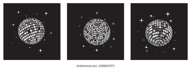 Set of shiny disco balls. Kitchen disco, boogie, 70s good vibes. Music, parties, festivals. Retro and vintage print.