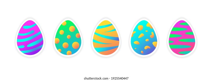 Set of shiny Easter eggs or dinosaur eggs with shadow with holographic effect. Elements for Easter design, greeting card, stickers. Vector stock illustration. 