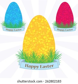 Set of shiny Easter eggs on grass with banner, decorative design