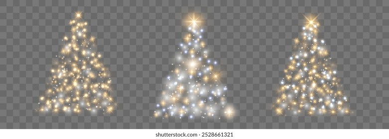 Set of shiny fir trees.Golden shining fir tree in luxury design.Happy New Year. Vector illustration on png background.