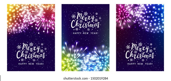 Set of shiny fireworks on color starry background - vertical greeting cards for Christmas and New Year holiday design