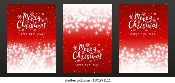 Set of shiny fireworks on red starry background - vertical greeting cards for Christmas and New Year holiday design