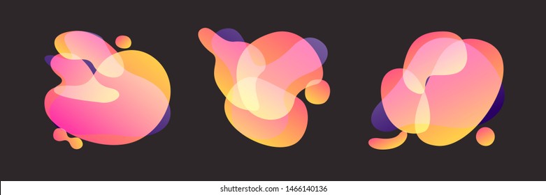 Set of shiny flowing liquid shapes amoeba on dark background