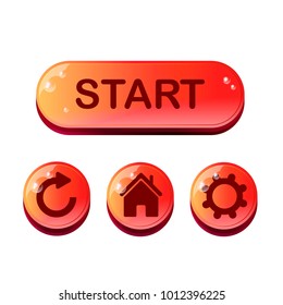 Set of shiny fruit red buttons with drops of dew for game interfaces. Vector GUI elements for mobile games. Isolated on white background