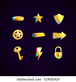 Set of shiny game resources on the dark background. Set of glossy and bright cartoon gold icon. Game rating icons. Level results vector icon design for game.Vector illustration. EPS 10