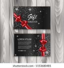 Set of shiny gift voucher with realistic red bow. Vector template for gift card