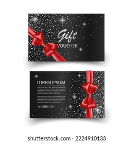 Set of shiny gift voucher with realistic red bow. Template for gift card