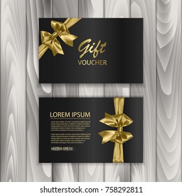 Set of shiny gift voucher with realistic golden bow. Vector template for gift card