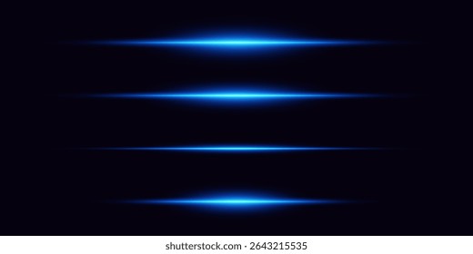 Conjunto de brilhos brilhantes de luz, efeitos de luz azul. Linhas laser de flashes.