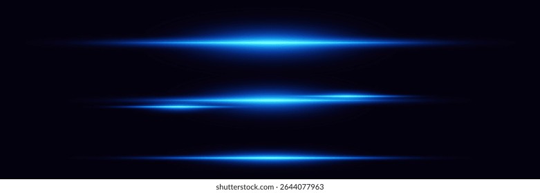 Conjunto de brilhos brilhantes de luz, efeitos de luz azul. Linhas laser de flashes.