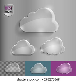 Set of shiny glass bubble cloud icons with soft shadow on gradient background . Vector illustration EPS 10 for web.