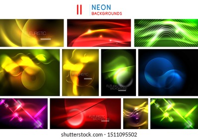 Set of shiny glowing backgrounds, neon graphic futuristic energy concepts, fluid color wave templates. Vector art