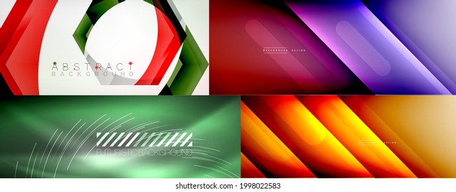 Set of shiny glowing neon lights and lines in the dark. Modern techno abstract background
