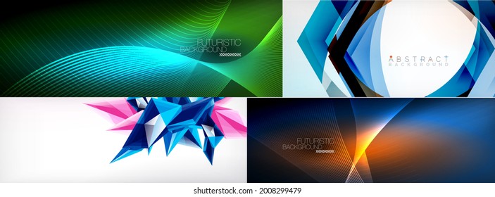 Set of shiny glowing neon lights and lines in the dark. Modern techno abstract background
