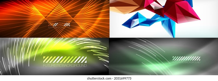 Set of shiny glowing neon lights and lines in the dark. Modern techno abstract background