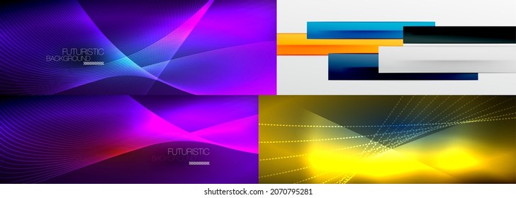 Set of shiny glowing neon lights and lines in the dark. Modern techno abstract background