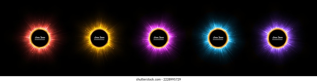 Set aus glänzendem, rundem Rahmen auf schwarzem Hintergrund.  Geometrischer Hintergrund mit glitzernden Teilchen und Balken. Holiday Banner Design.