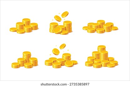 Conjunto de pilhas de moedas de ouro brilhantes e moedas caindo isoladas no fundo branco. Ilustração vetorial de estilo de desenho animado plano moderno adequado para finanças, investimento, poupança, riqueza, sucesso comercial, recompensa e conceitos de crescimento de dinheiro. Perfeito para aplicativos, jogos, infográficos, design de UI e materiais de marketing.