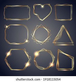 Set of shiny gold frames. Luxurious realistic square, round, oval borders, rectangular borders. Gold metal frames. Vector illustration