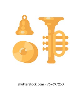Set of shiny gold musical instruments. Cymbals, bell and trumpet flat illustration
