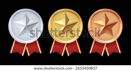 Set of shiny gold, silver, and bronze star medals with red ribbons on black background. Glossy circular award badges for winners, champions, and top performers. Ideal for sports prizes, ranking symbol