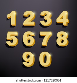 Set of shiny golden 3d numbers. Golden metallic glitter symbols on dark background. Vector image