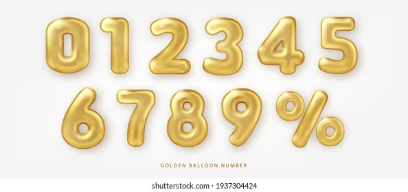 Set of shiny golden balloon number and percentage notation