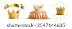 A set of shiny golden crowns displayed with various styles, including one on a draped cloth pedestal and another encircled by stars with a golden ribbon overhead set against a clean white background