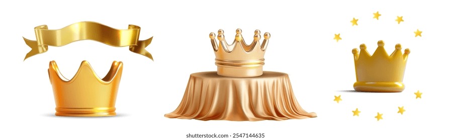 A set of shiny golden crowns displayed with various styles, including one on a draped cloth pedestal and another encircled by stars with a golden ribbon overhead set against a clean white background