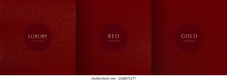 진한 붉은 배경에 반짝이는 황금 점들의 반짝이 패턴 세트. 복사 공간이 있는 고급스럽고 우아한 하프톤 질감의 모음. 표지 템플릿, 포스터, 배너, 인쇄 광고에 사용할 수 있습니다. 벡터 EPS10 스톡 벡터