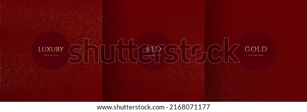 Set of shiny golden dots glitter pattern on dark\
red background. Collection of luxury and elegant halftone texture\
with copy space. Can use for cover template, poster, banner, print\
ad. Vector EPS10.