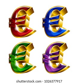 Set of shiny golden euro icons in 3D style and different colors. Vector illustration. Ideal for logo design element, sticker, bagde, ads and any kind of decoration.