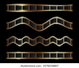 Set of shiny golden filmstrips. Curved and wavy film frames. Movie film ribbons in various shapes. Vector illustration