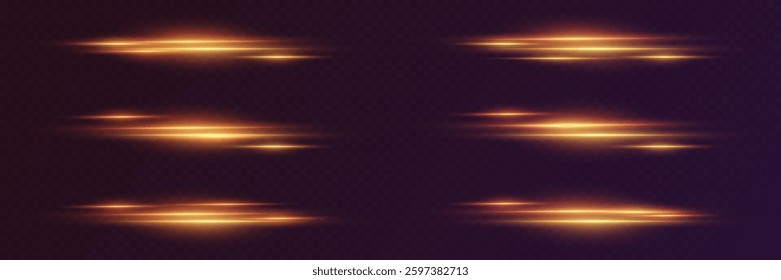 Set of shiny golden light lines. On a transparent background.