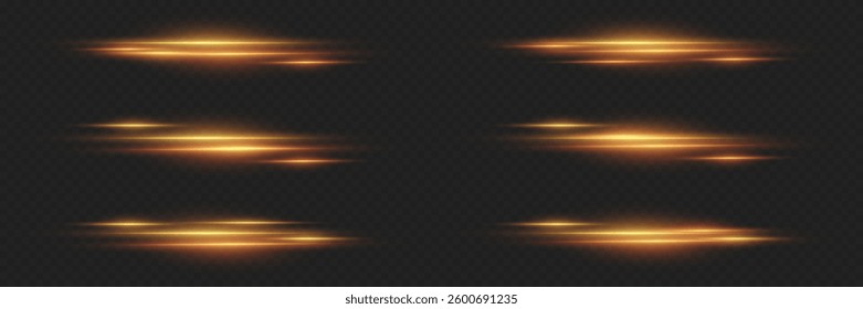 Set of shiny golden light lines. On a transparent background.