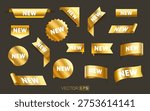 Set of shiny golden NEW labels and tags in various shapes. Perfect for product launches, promotions, and announcements. Vector illustration.