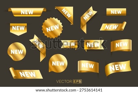 Set of shiny golden NEW labels and tags in various shapes. Perfect for product launches, promotions, and announcements. Vector illustration.