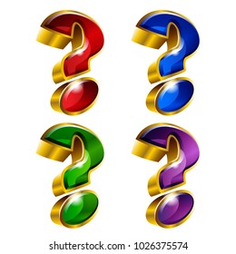 Set of shiny golden question mark icons in 3D style and different colors. Vector illustration. Ideal for logo design element, sticker, bagde, ads and any kind of decoration.