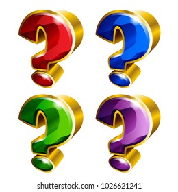 Set of shiny golden question mark icons in 3D style and different colors. Vector illustration. Ideal for logo design element, sticker, bagde, ads and any kind of decoration.