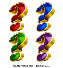 Set of shiny golden question mark icons in 3D style and different colors. Vector illustration. Ideal for logo design element, sticker, bagde, ads and any kind of decoration.
