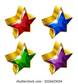 Set of shiny golden star icons in 3D style and different colors. Vector illustration. Ideal for logo design element, sticker, bagde, ads and any kind of decoration.