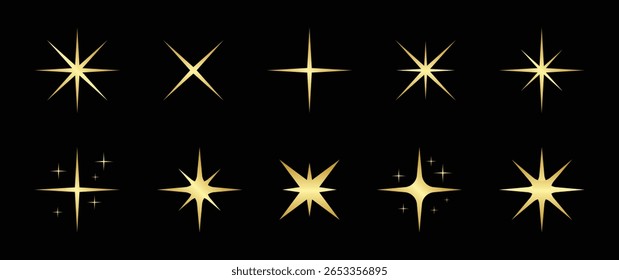 Set of shiny golden stars on black background, sparkling stars icons.