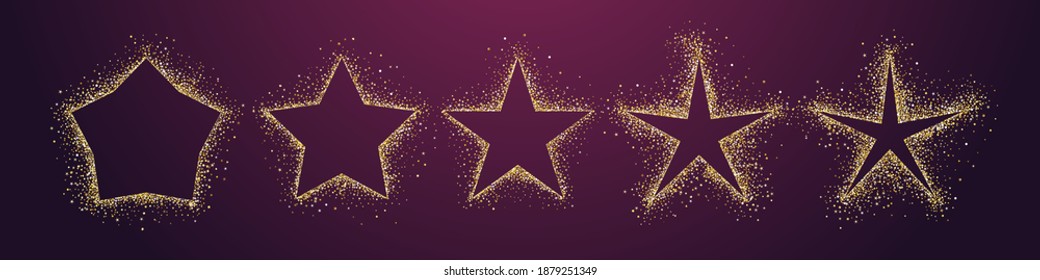 Set of shiny golden stars. Star shape collection. Creative graphic, dark background. Decorative glittering texture, bright design. Discount badge, isolated frame with empty center. Holiday vector sign