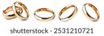 Set of shiny golden wedding rings isolated on a white background. These classic, elegant rings symbolize love, marriage, and commitment. 3d marriage jewelry vector illustration.