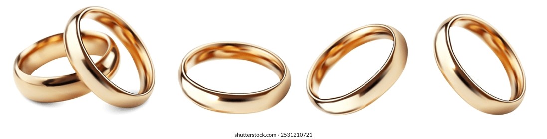 Set von glänzenden goldenen Eheringen einzeln auf weißem Hintergrund. Diese klassischen, eleganten Ringe symbolisieren Liebe, Ehe und Engagement. 3D Ehe Schmuck Vektorgrafik.