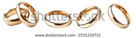 Set of shiny golden wedding rings isolated on a white background. These classic, elegant rings symbolize love, marriage, and commitment. 3d marriage jewelry vector illustration.